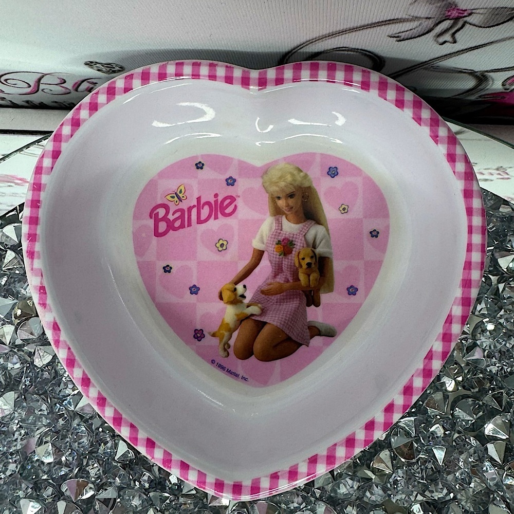 Barbie bowl 1996 vintage heart shaped plaid gingham dog cute tufted pink mini